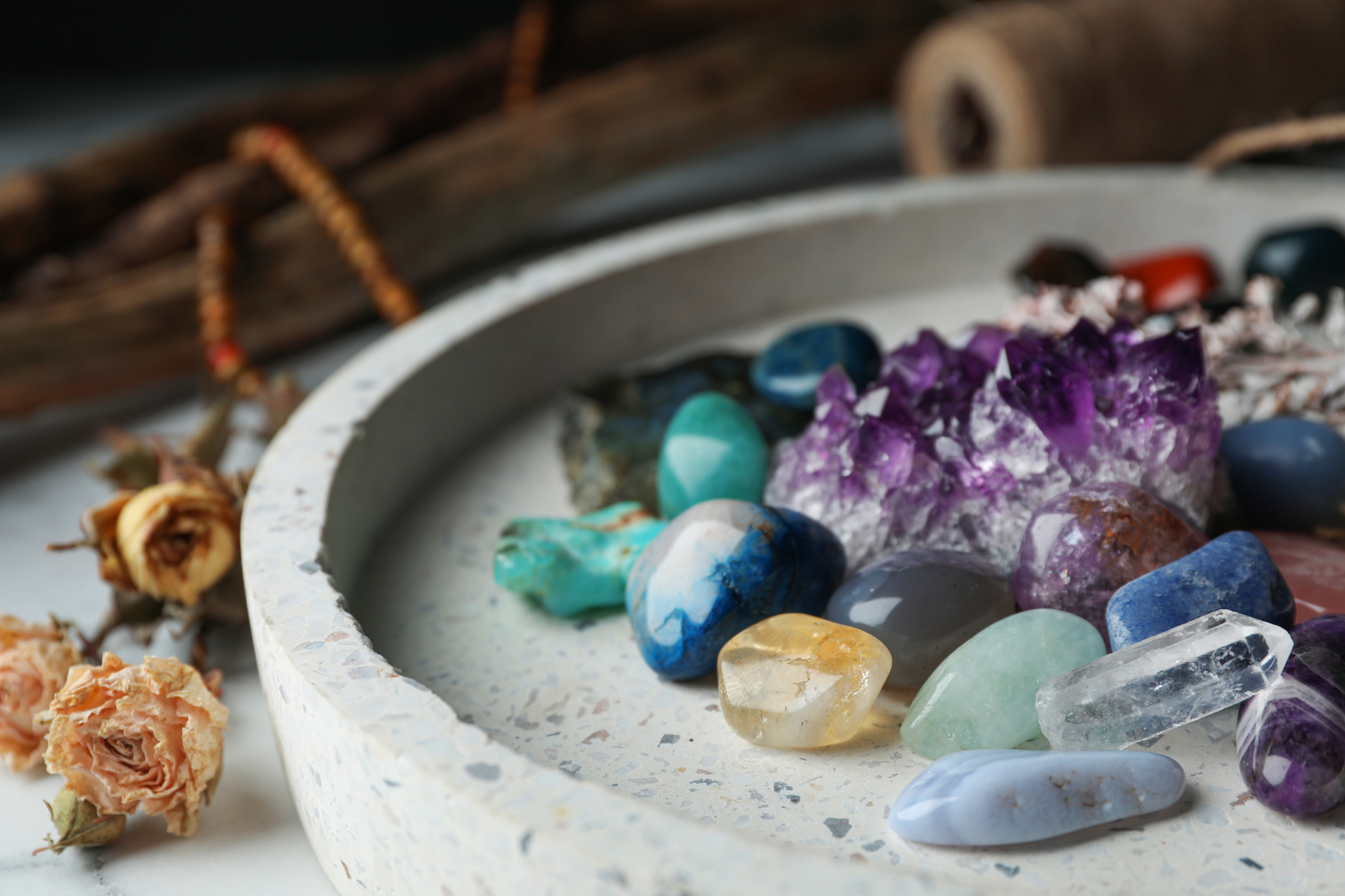 Pile of Different Beautiful Gemstones in Tray